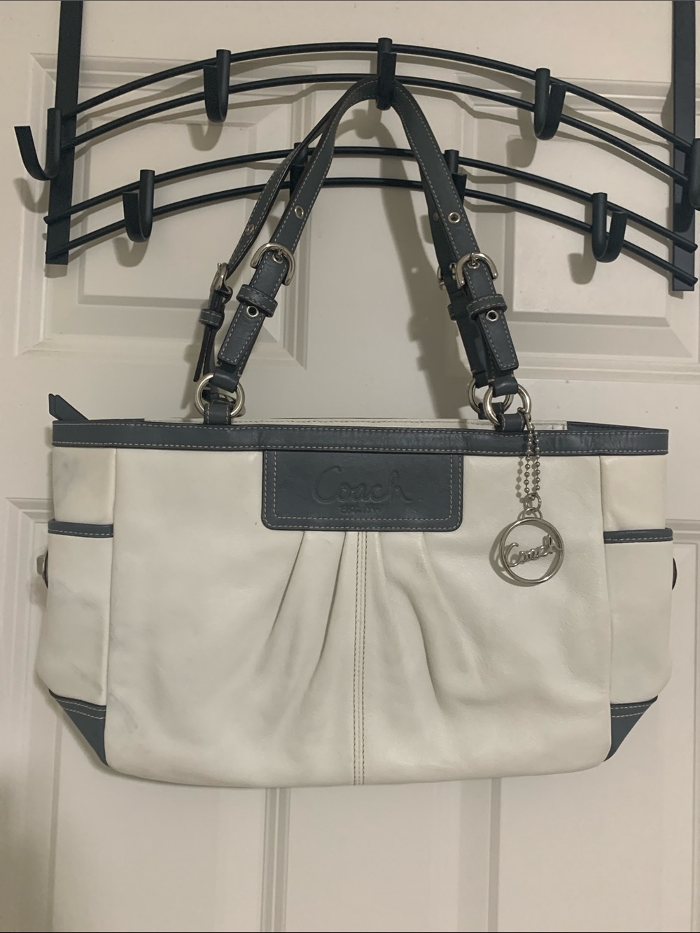 Coach F13759 Two-Tone White and Gray Leather Shoulder Bag with Silver Charm